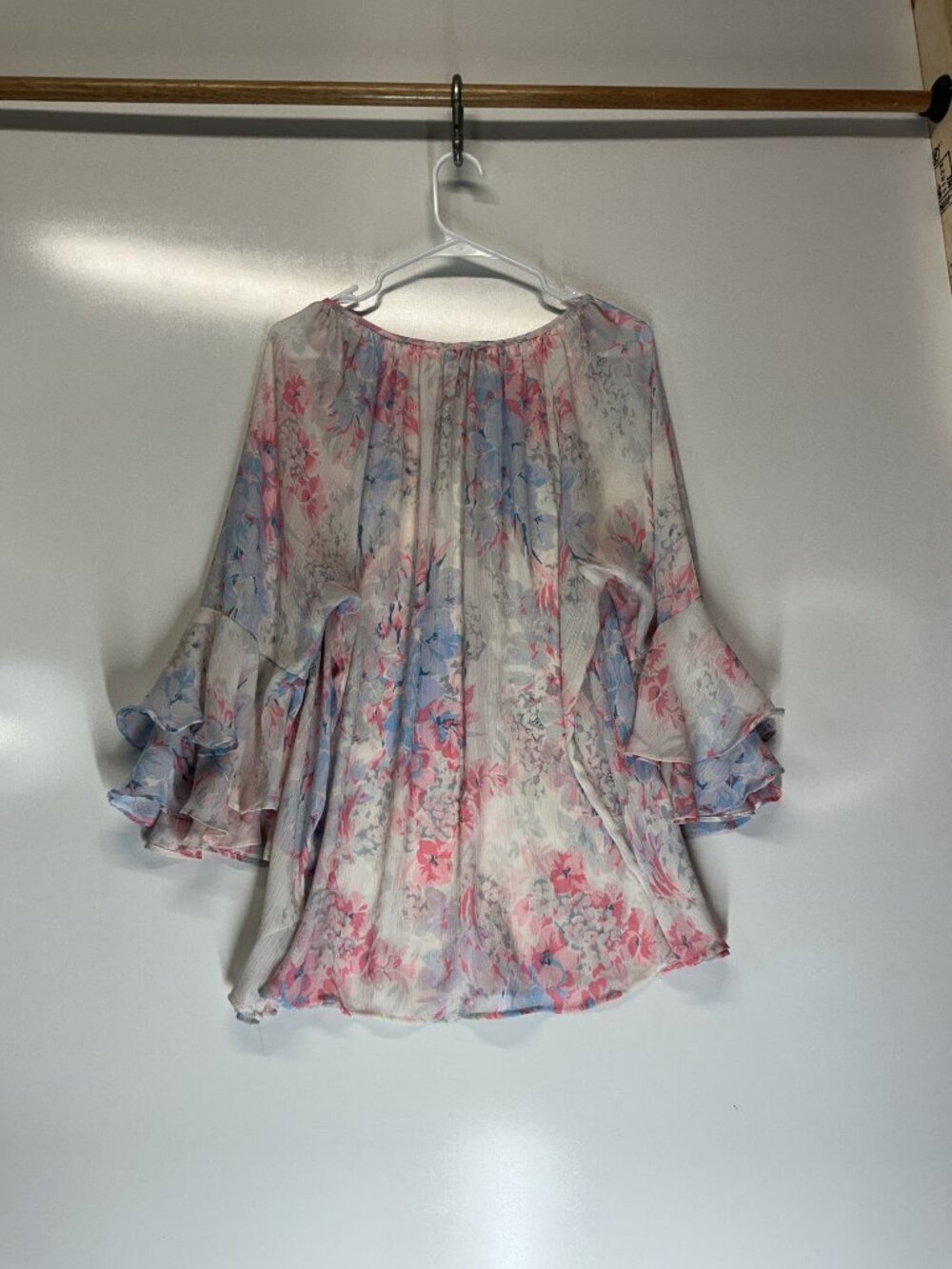 Chaps Floral Chiffon Blouse Women's XXL Pink Blue Ruffle Sleeve Sheer Blouse - Picture 3 of 16